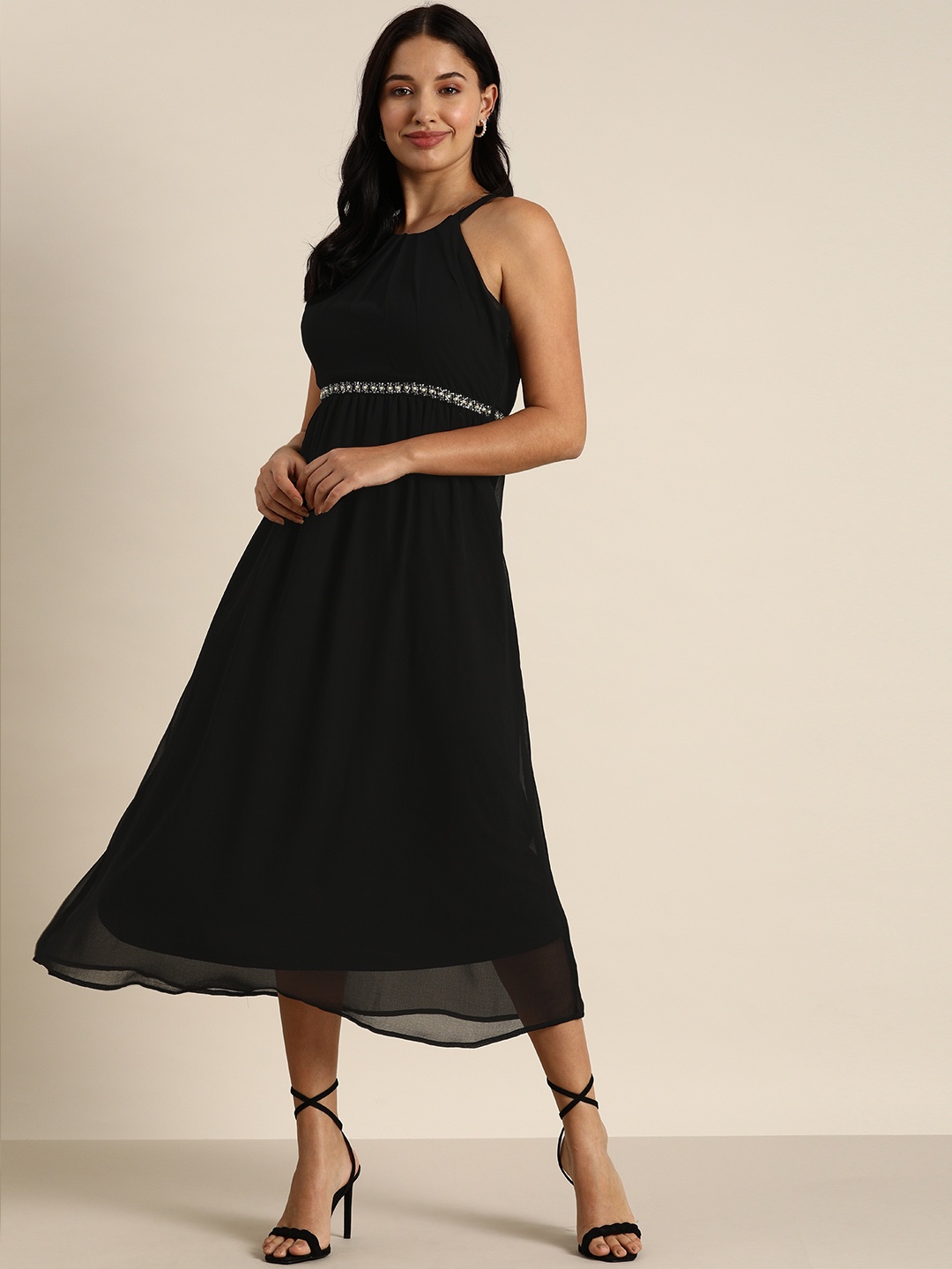 

all about you Black Solid Midi Halter Neck Fit and Flare Dress
