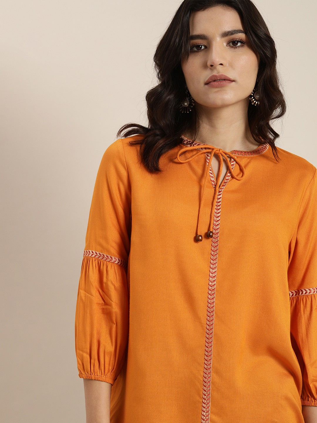 

all about you Orange Embroidered Tie-Up Neck Blouson Top