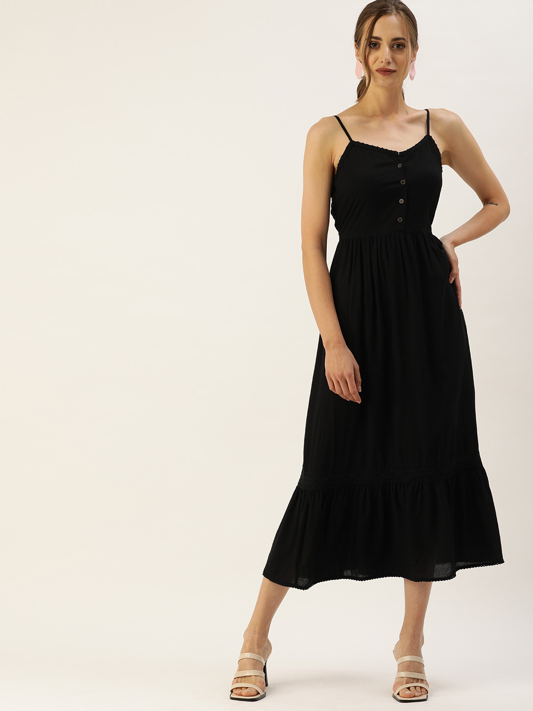 

all about you Black Tiered A-Line Midi Dress