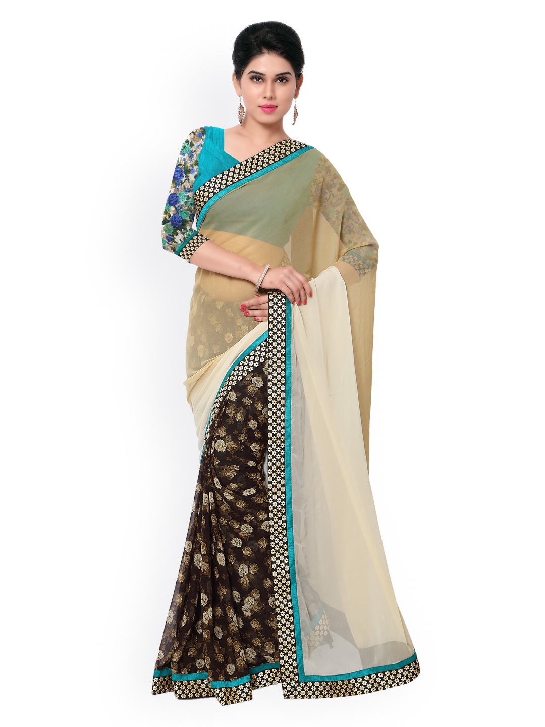 

Kalista Beige & Black Floral Print Georgette Saree