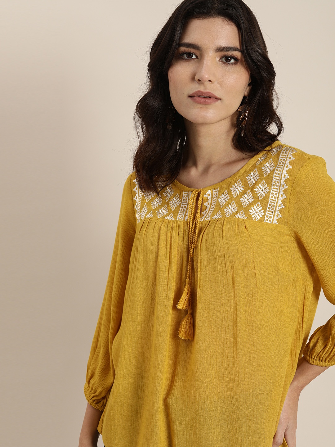 

all about you Women Yellow & White Embroidered Tie-Up Neck Regular Top
