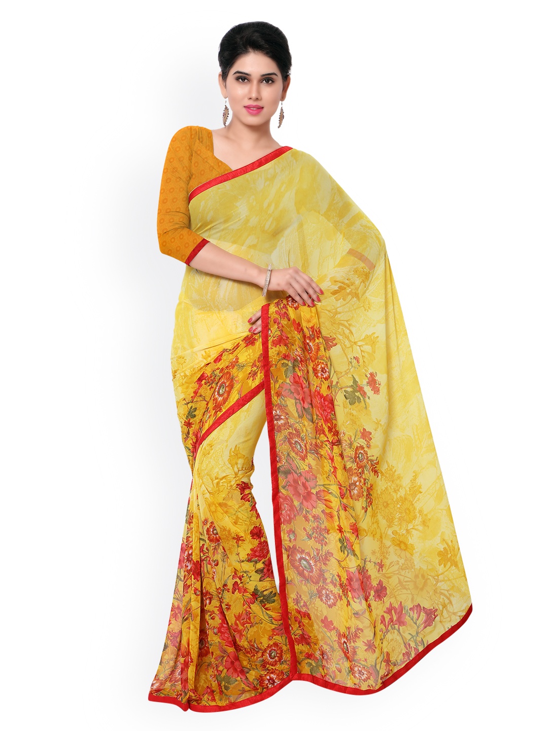 

Kalista Yellow Georgette Floral Print Saree