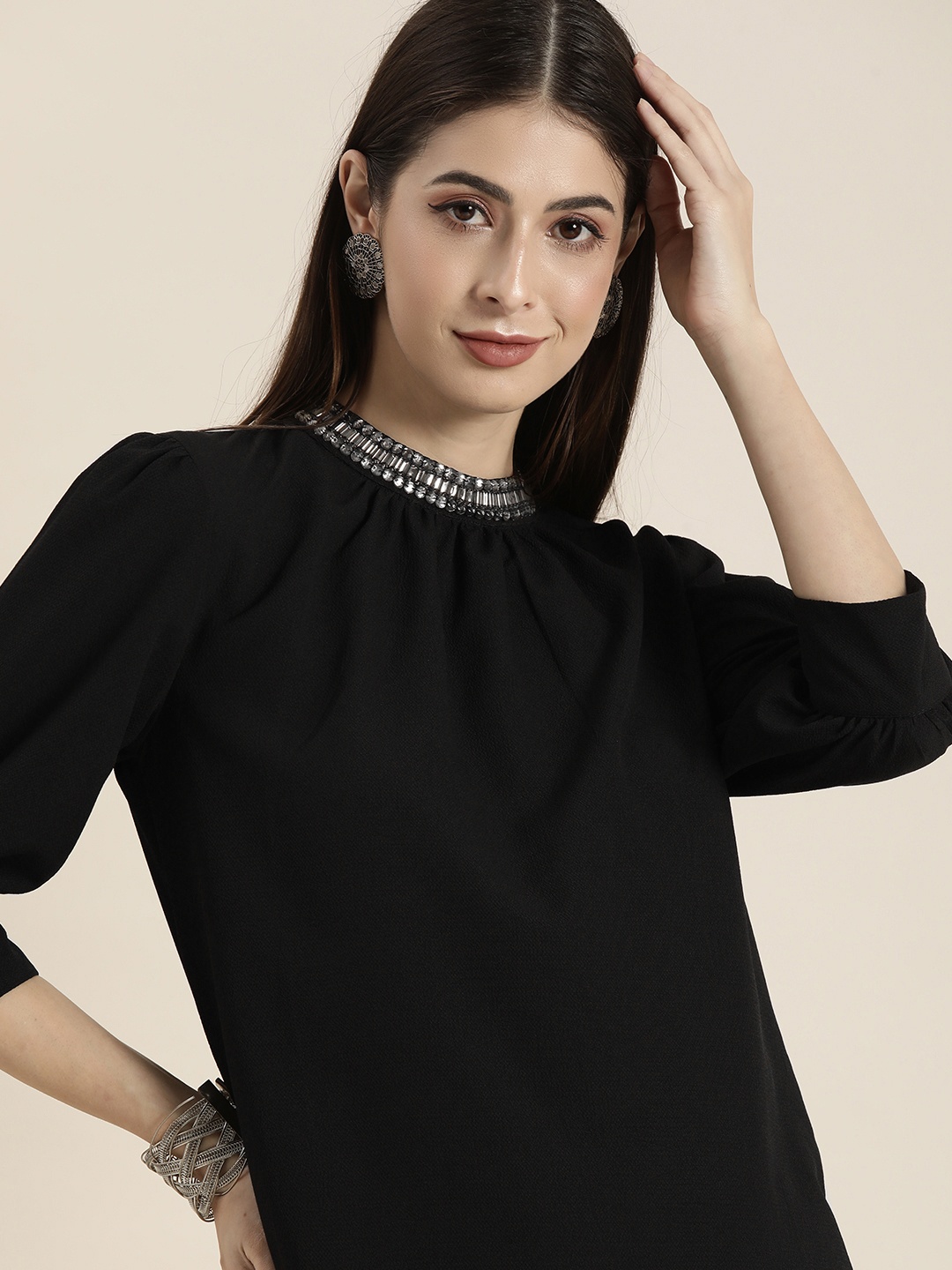 

all about you Black Jewel Neck Studded Regular Top