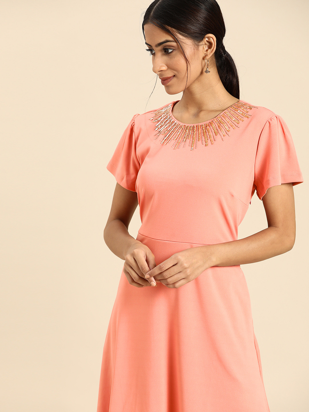 

all about you Pink Solid A-Line Dress with Embellished Detail