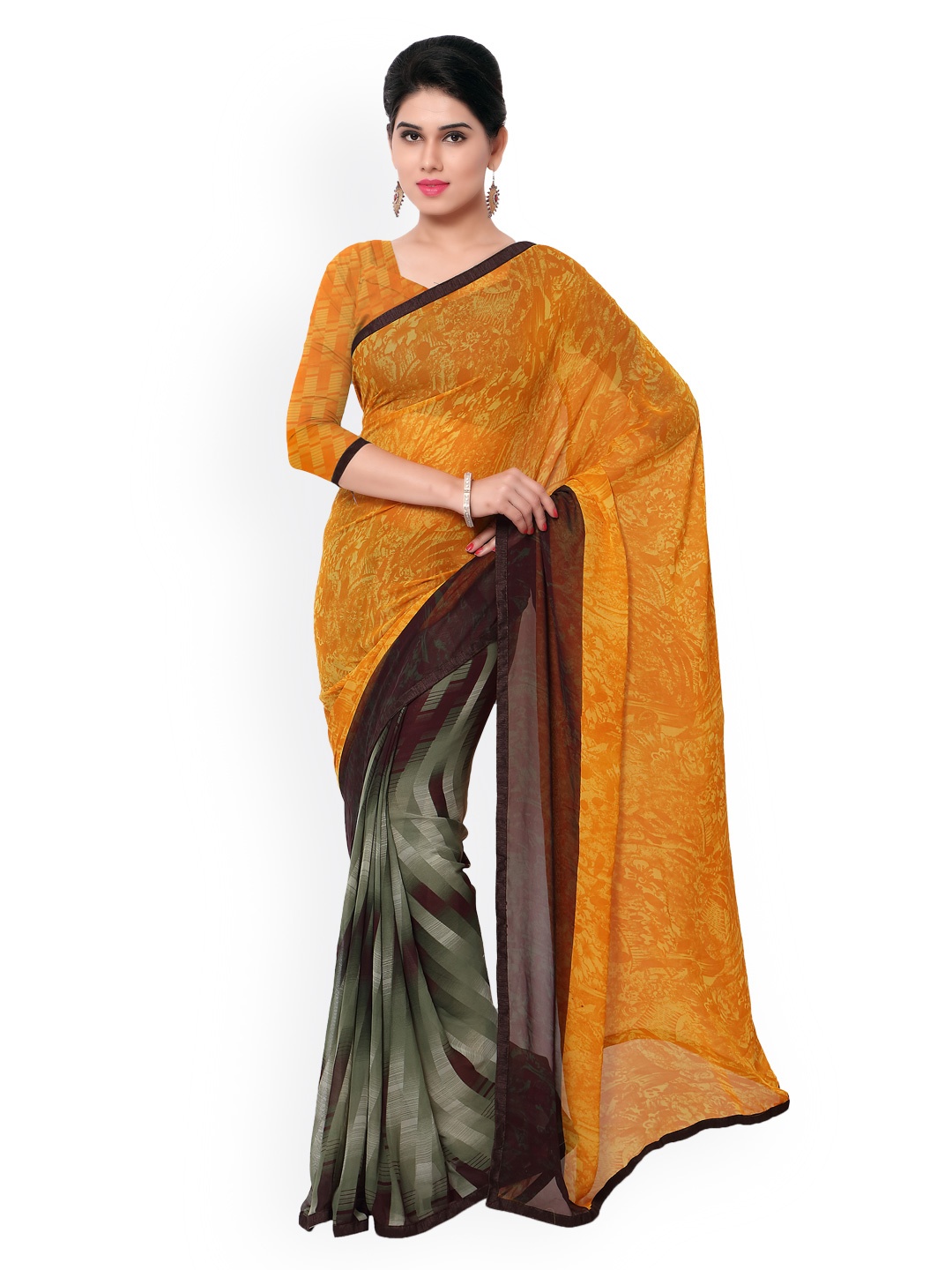 

Kalista Mustard Yellow & Grey Georgette Printed Saree