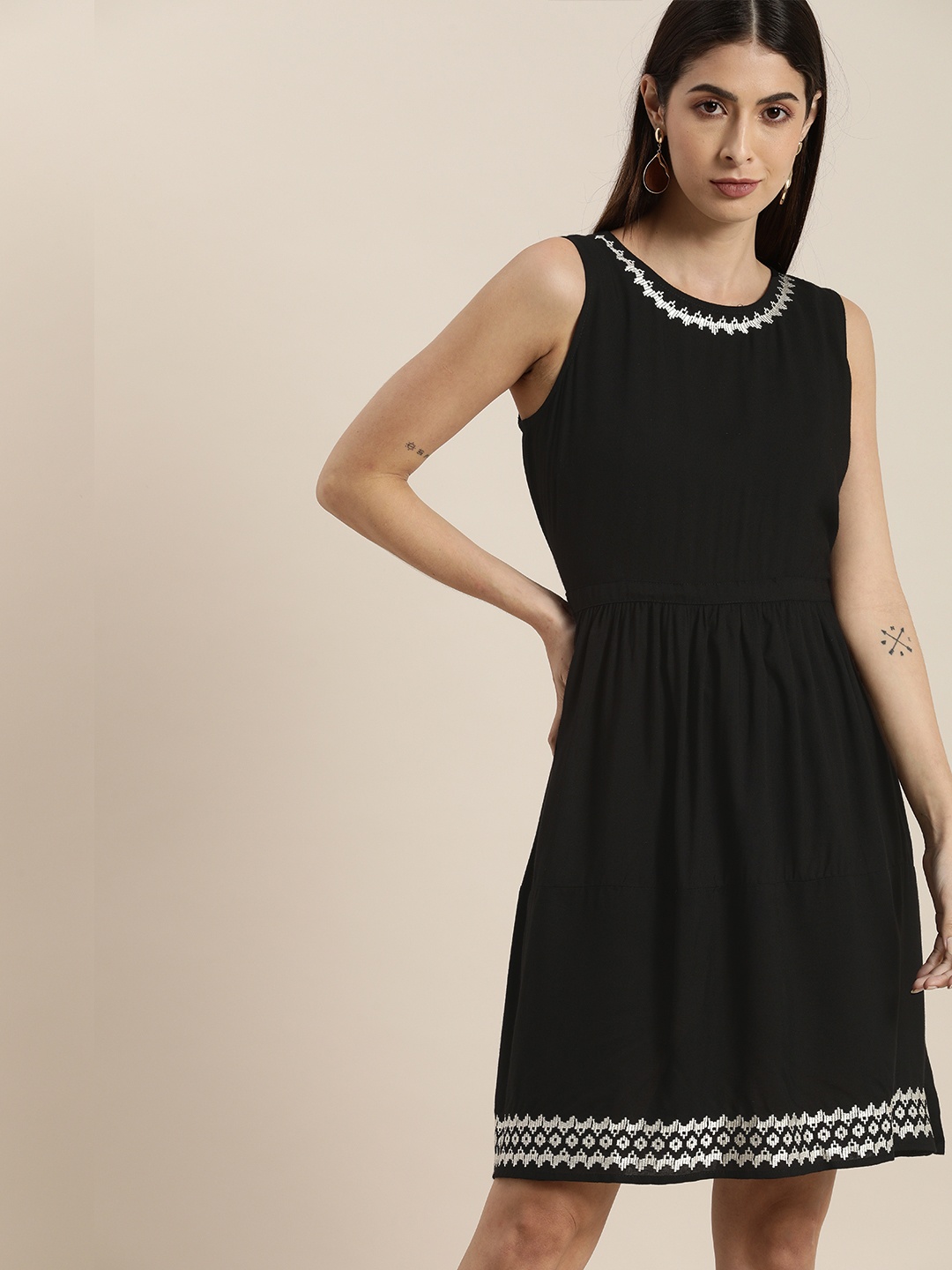 

all about you Women Black & White Embroidered Detail Fit & Flare Dress