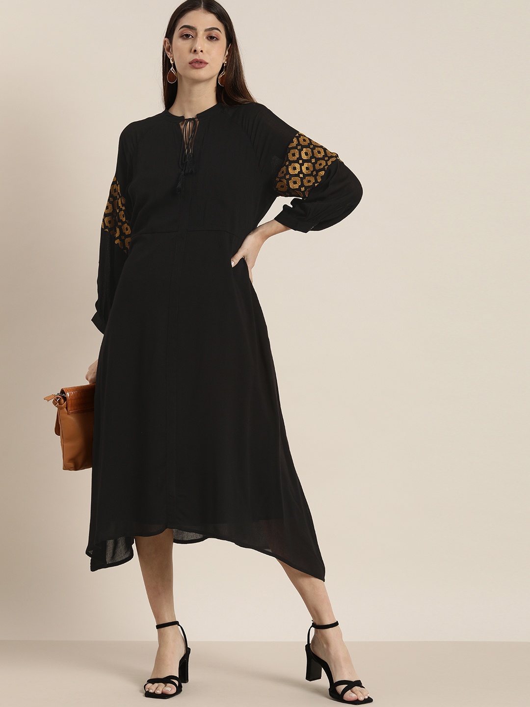 

all about you Women Black & Beige Printed Detail Tie-Up Neck A-Line Midi Dress