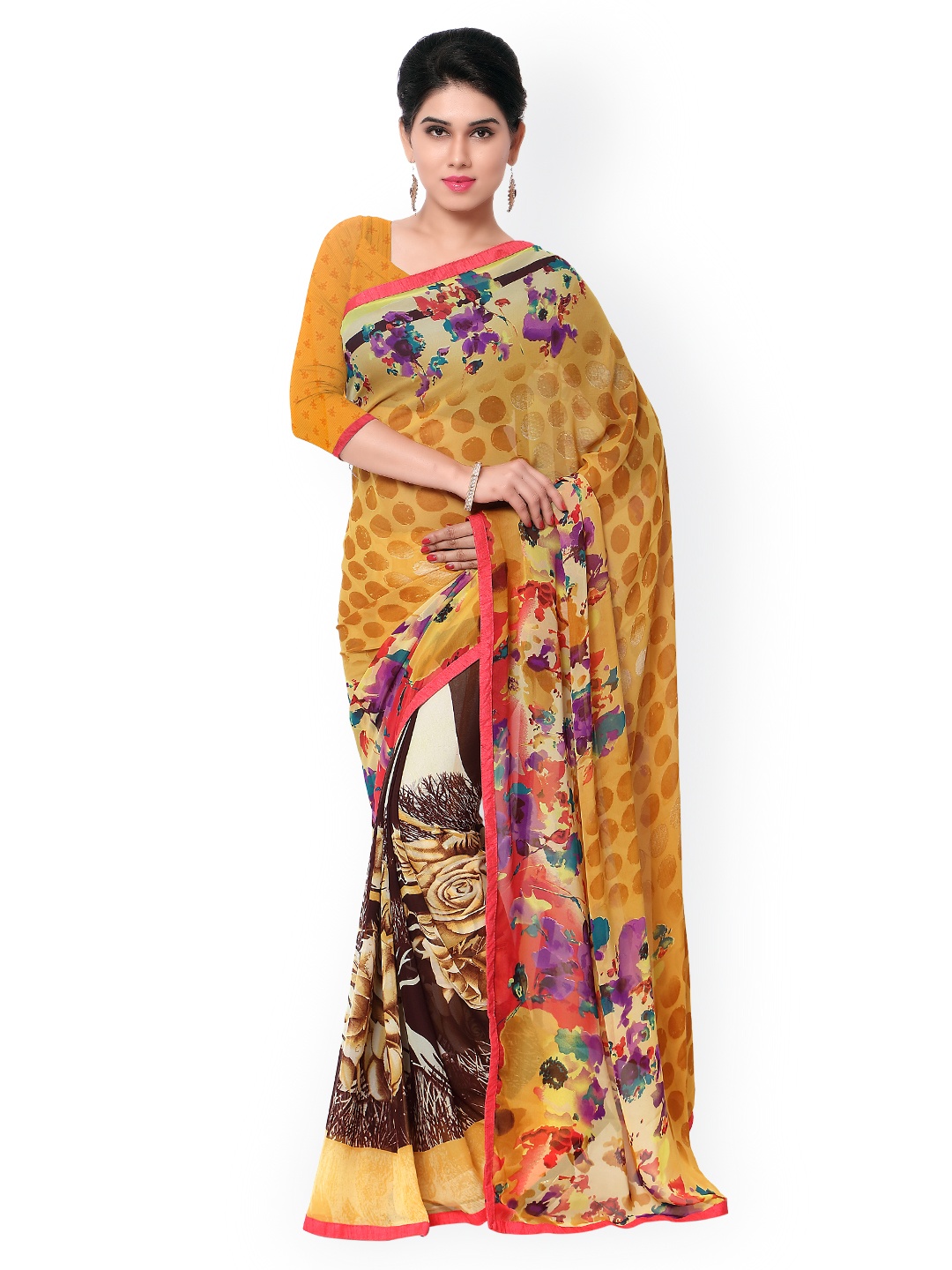 

Kalista Mustard Yellow Georgette Floral Print Saree