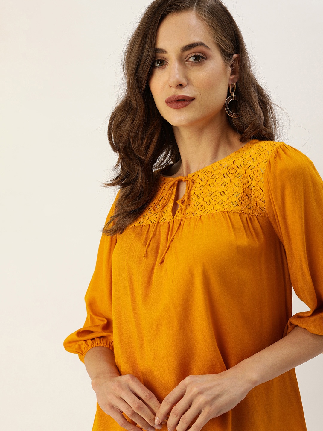 

all about you Mustard Yellow Tie-Up Neck Puff Sleeve Regular Top