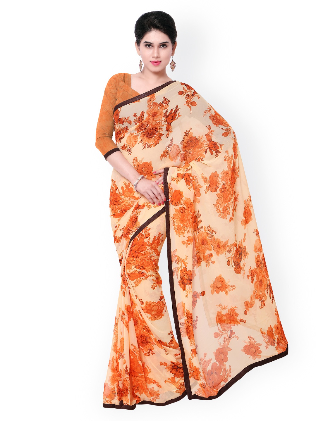 

Kalista Orange Georgette Floral Print Saree