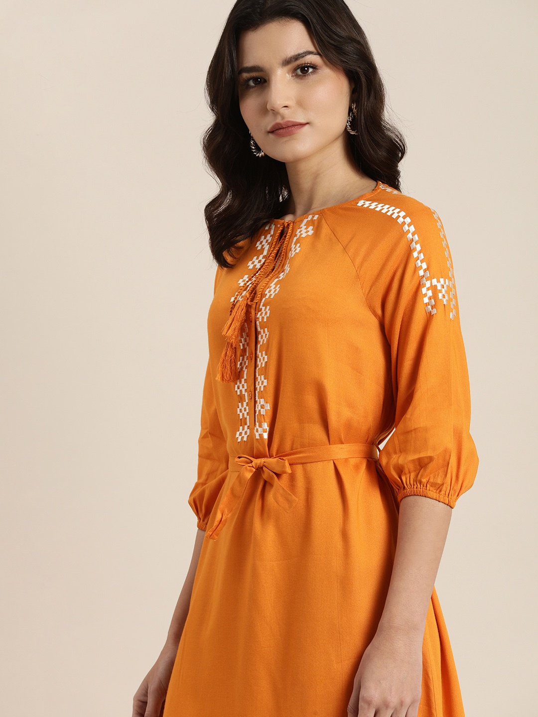 

all about you Women Orange & White Embroidered Tie-Up Neck Fit & Flare Dress
