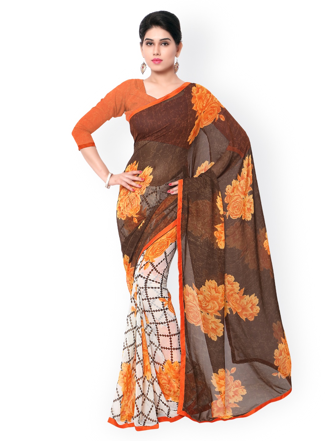 

Kalista Brown & White Georgette Floral Print Saree