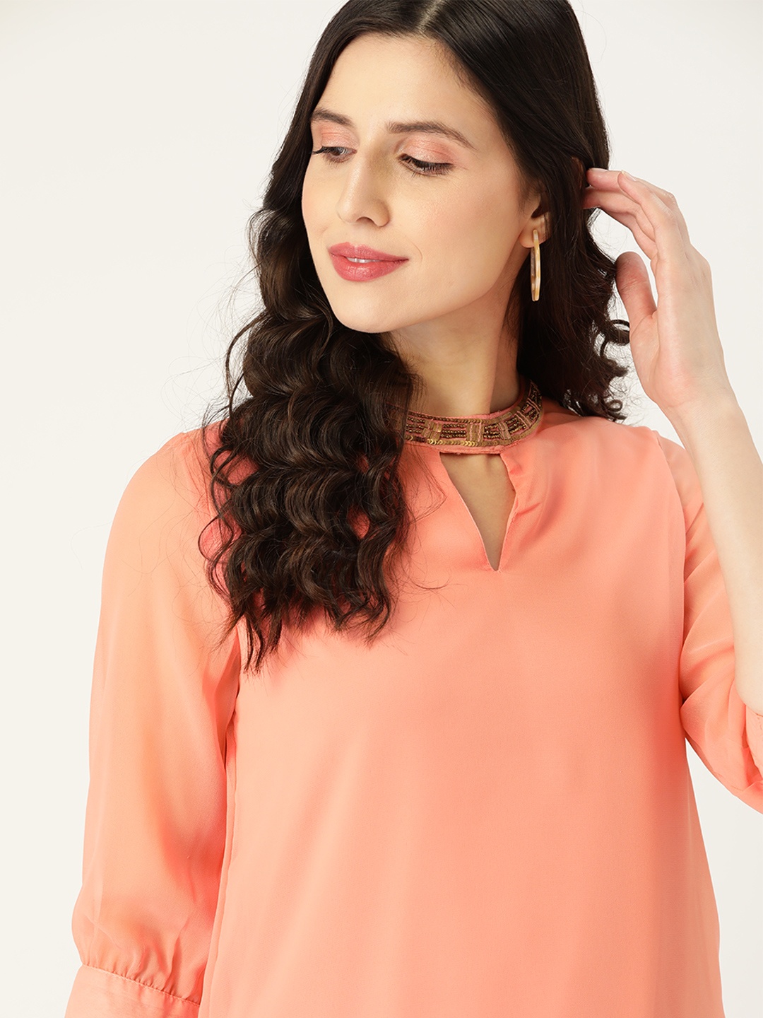 

all about you Peach Coloured Jewel Neck Puff Sleeve Regular Top