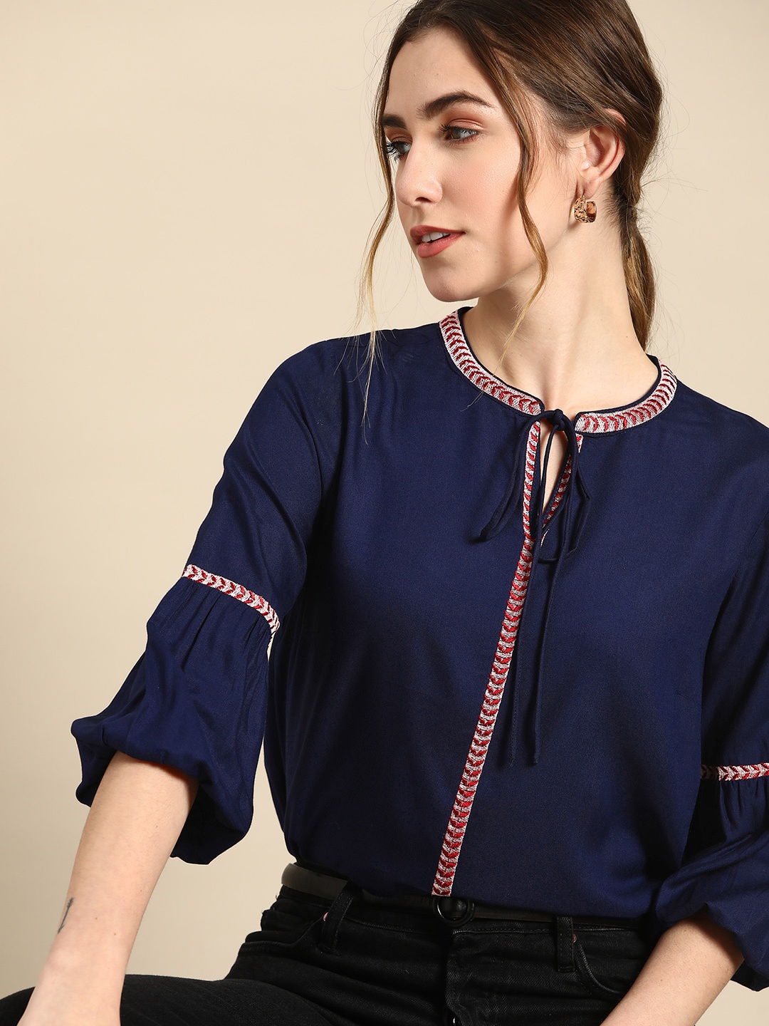 

all about you Women Navy Blue & Red Tie-Up Neck Solid Embroidered Puff Sleeves Top