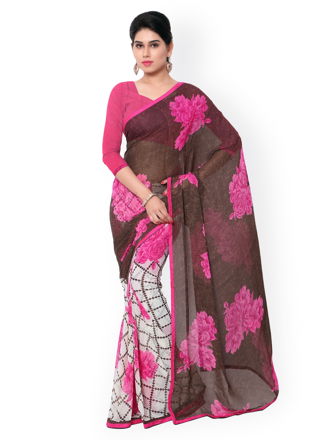

Kalista Brown & White Georgette Floral Print Saree