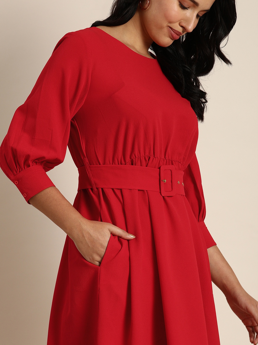 

all about you Red Self-design Cuffed Sleeves Fit and Flare Dress With Belt Detail