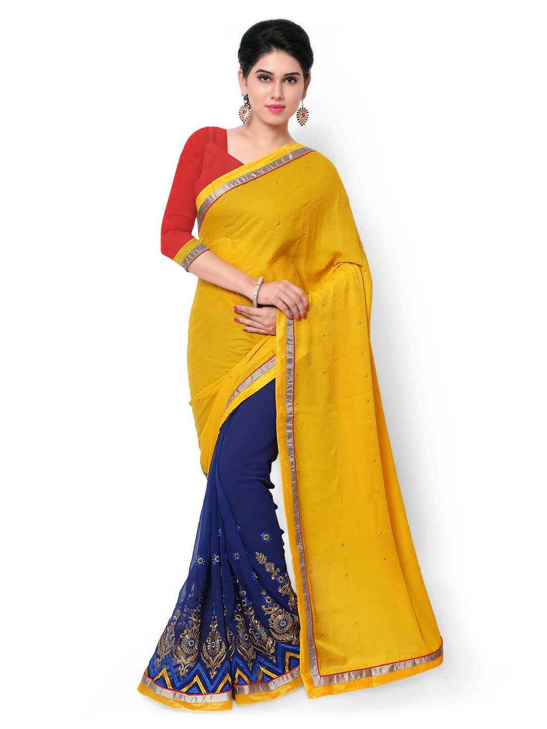 

Kalista Yellow & Blue Embroidered Georgette & Jacquard Embellished Saree