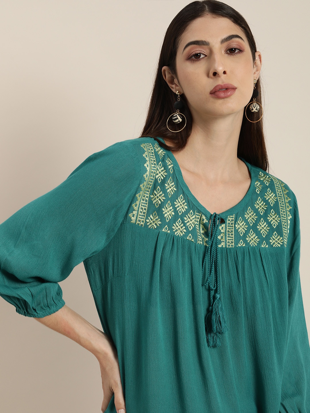 

all about you Women Teal Blue & Yellow Tie-Up Neck Embroidered Top