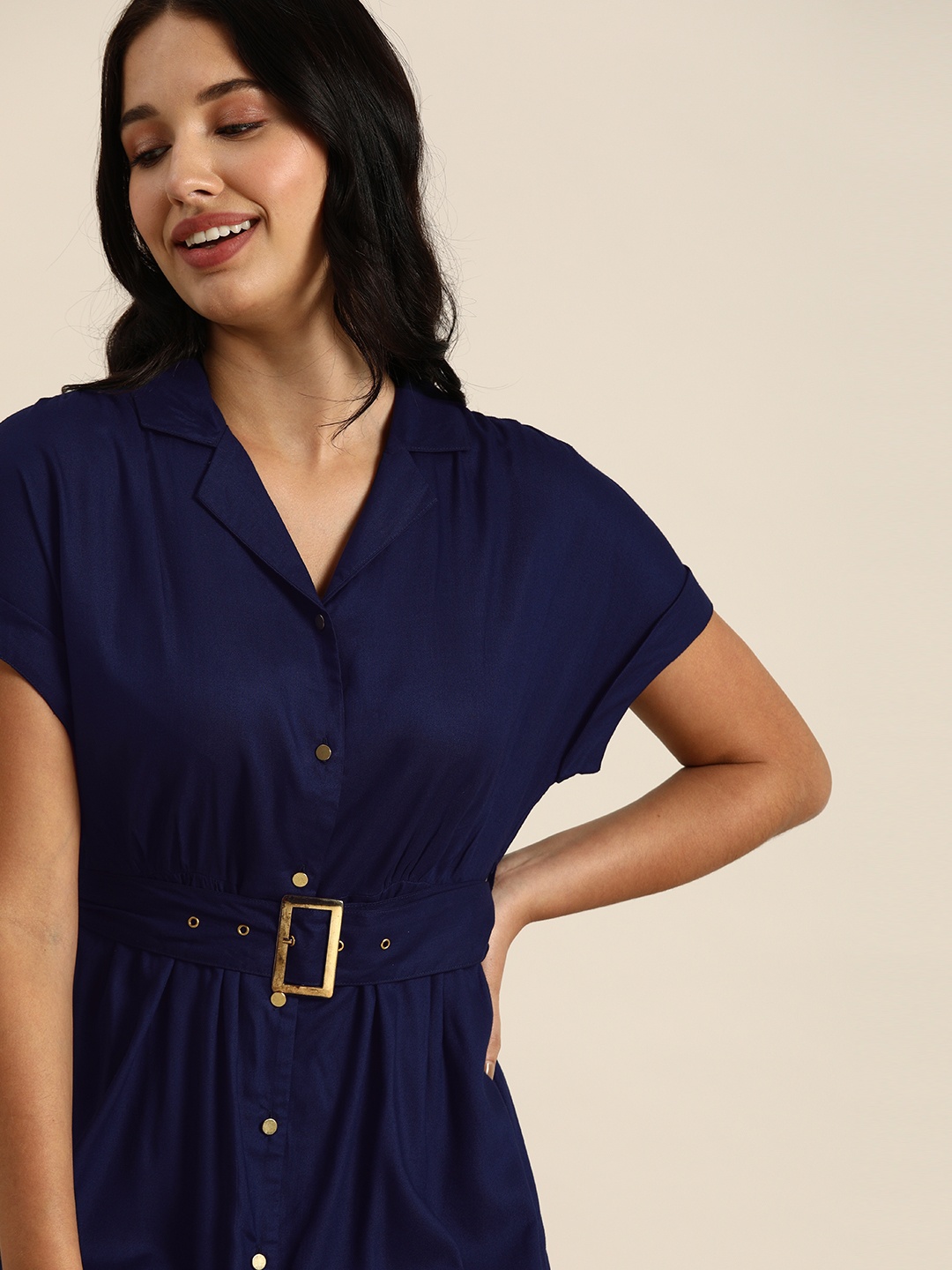 

all about you Navy Blue Solid Shirt Collar Fit and Flare Midi Dress With Belt Detail