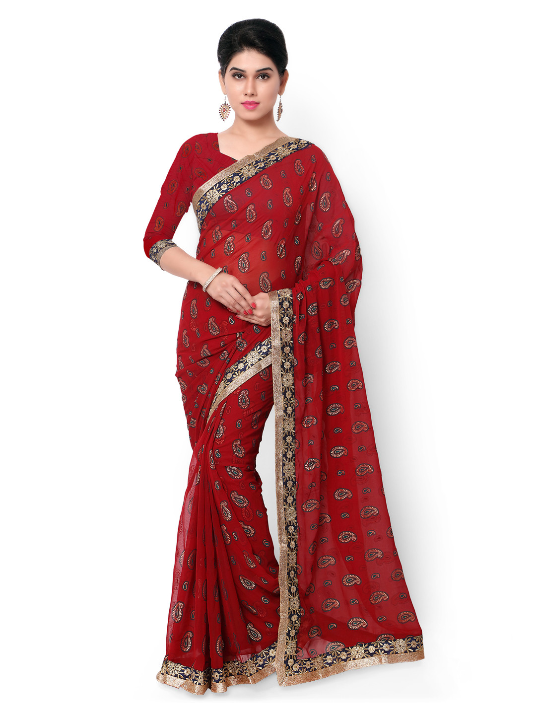 

Kalista Maroon Paisley Print Georgette Saree