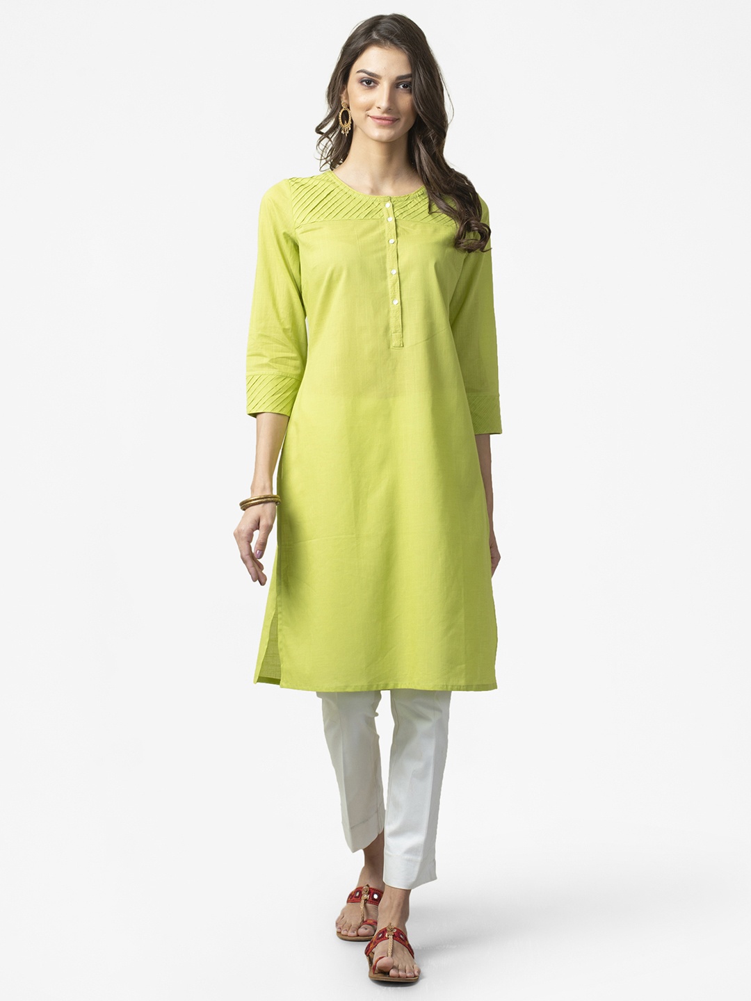 

Fabindia Women Lime Green Slim Fit Pleated Detail Pure Cotton Straight Kurta