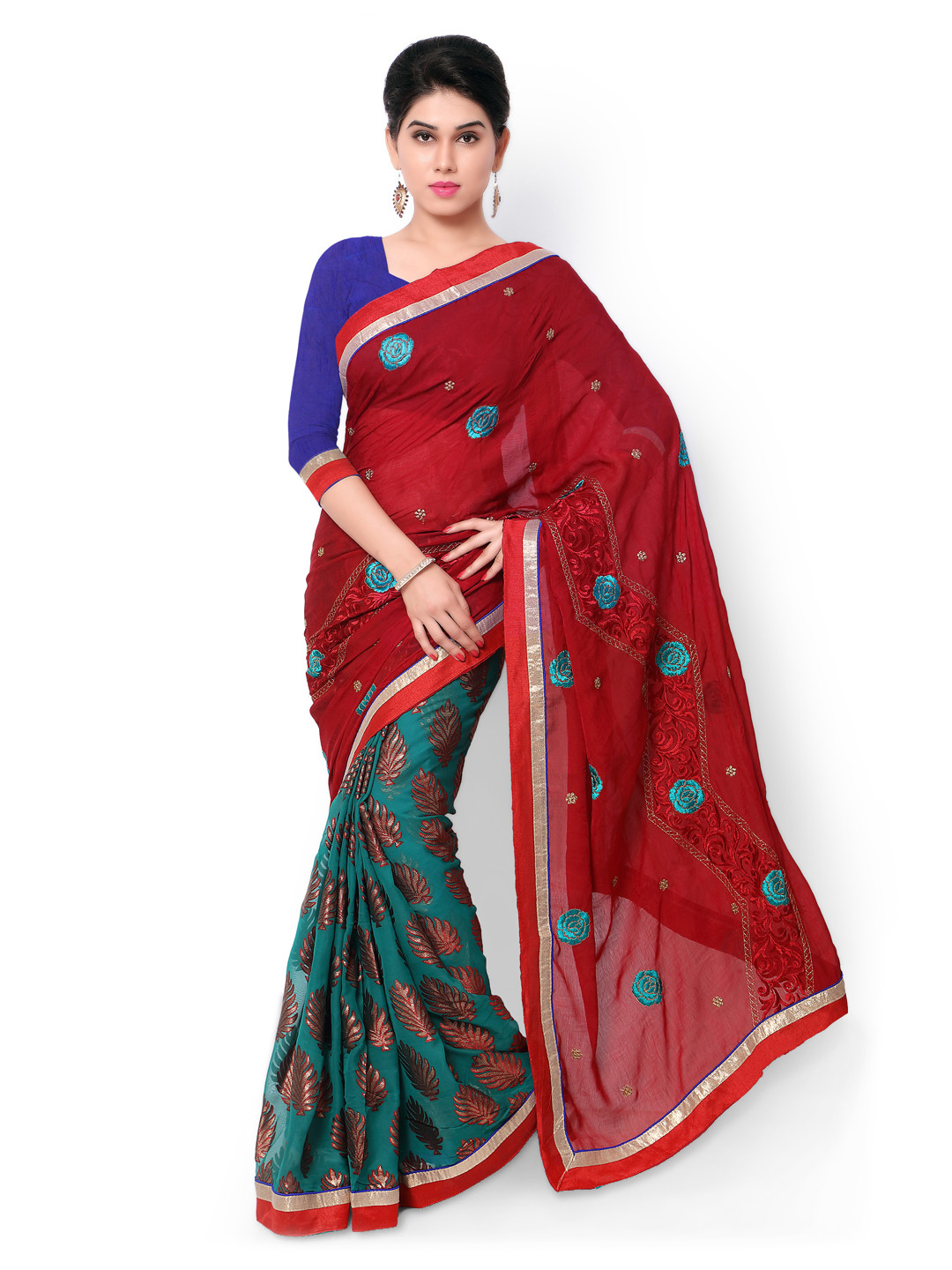 

Kalista Green & Red Embroidered Georgette & Brasso Saree