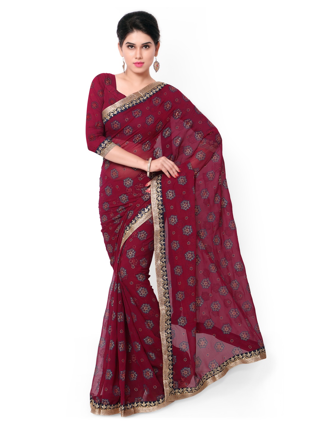 

Kalista Maroon Floral Print Georgette Saree
