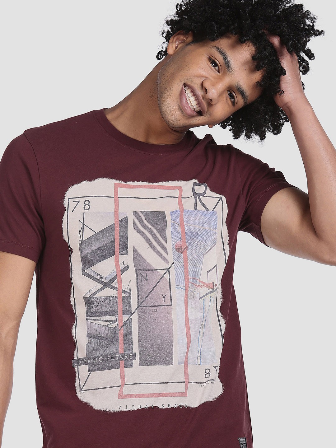 

Flying Machine Men Burgundy Grey Printed Round Neck Cotton Pure Cotton T-shirt