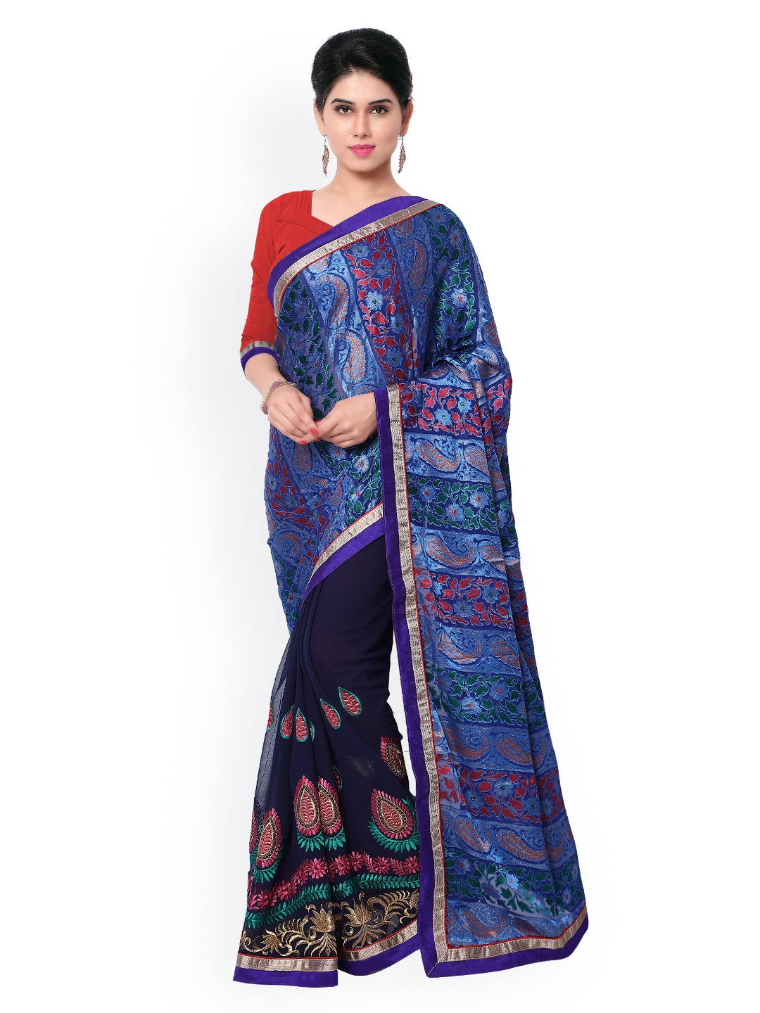 

Kalista Blue Embroidered Georgette & Brasso Saree