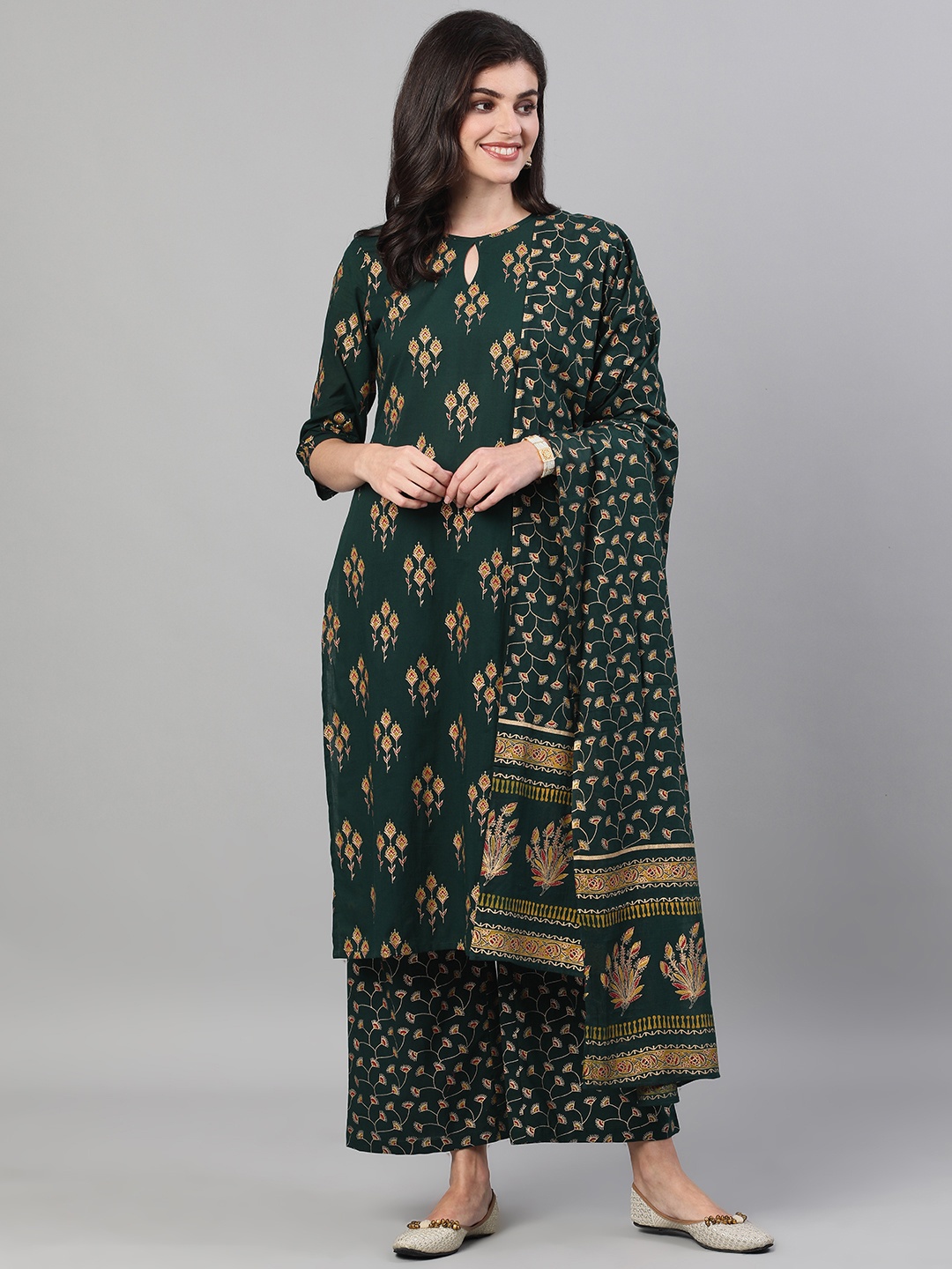 

Nayo Women Green Printed Kurta with Trousers & Dupatta