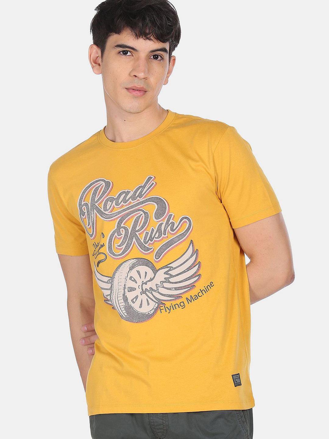 

Flying Machine Men Mustard Yellow Grey Printed Round Neck Cotton Pure Cotton T-shirt