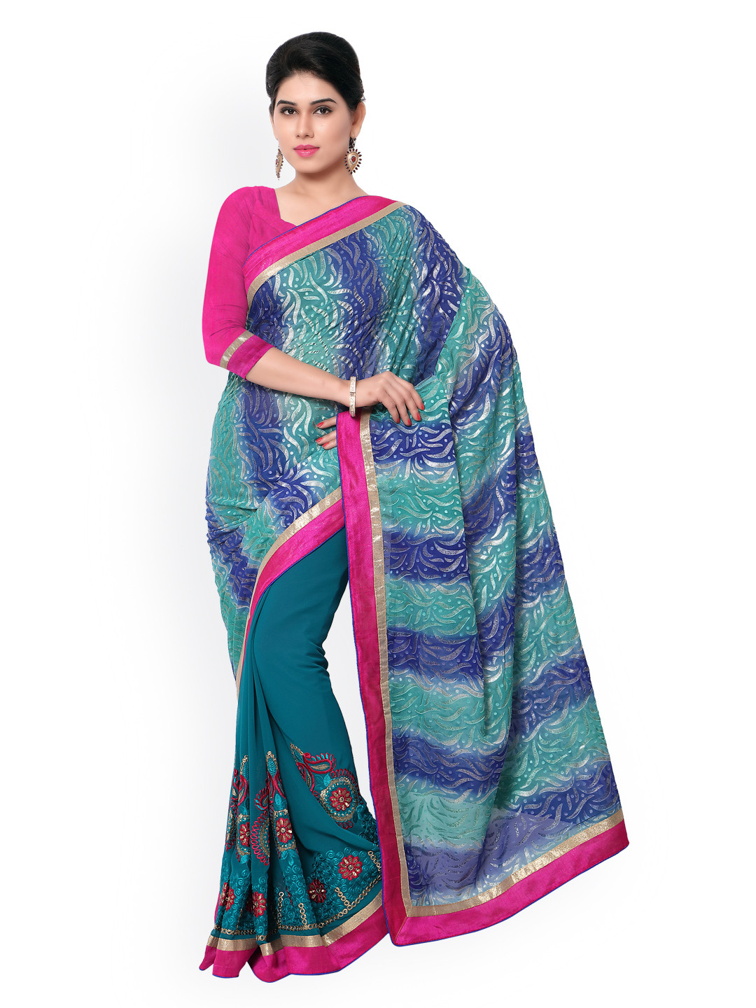 

Kalista Blue Embroidered Georgette & Brasso Saree