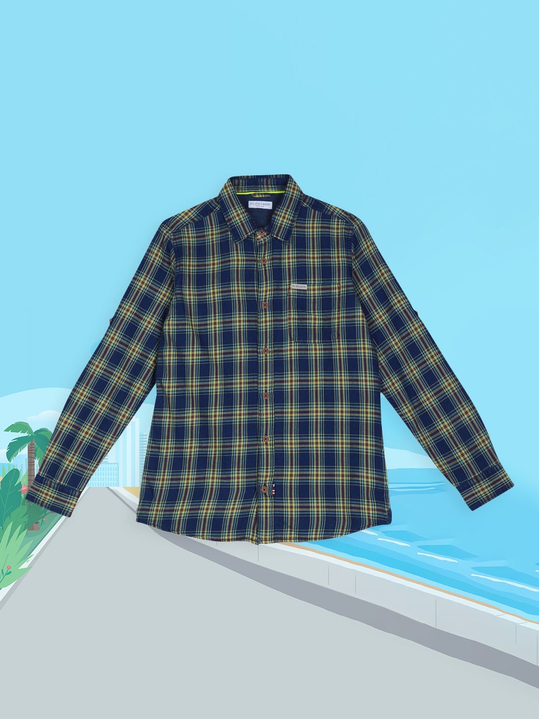

U.S. Polo Assn. Kids Boys Navy Blue & Green Regular Fit Checked Casual Shirt