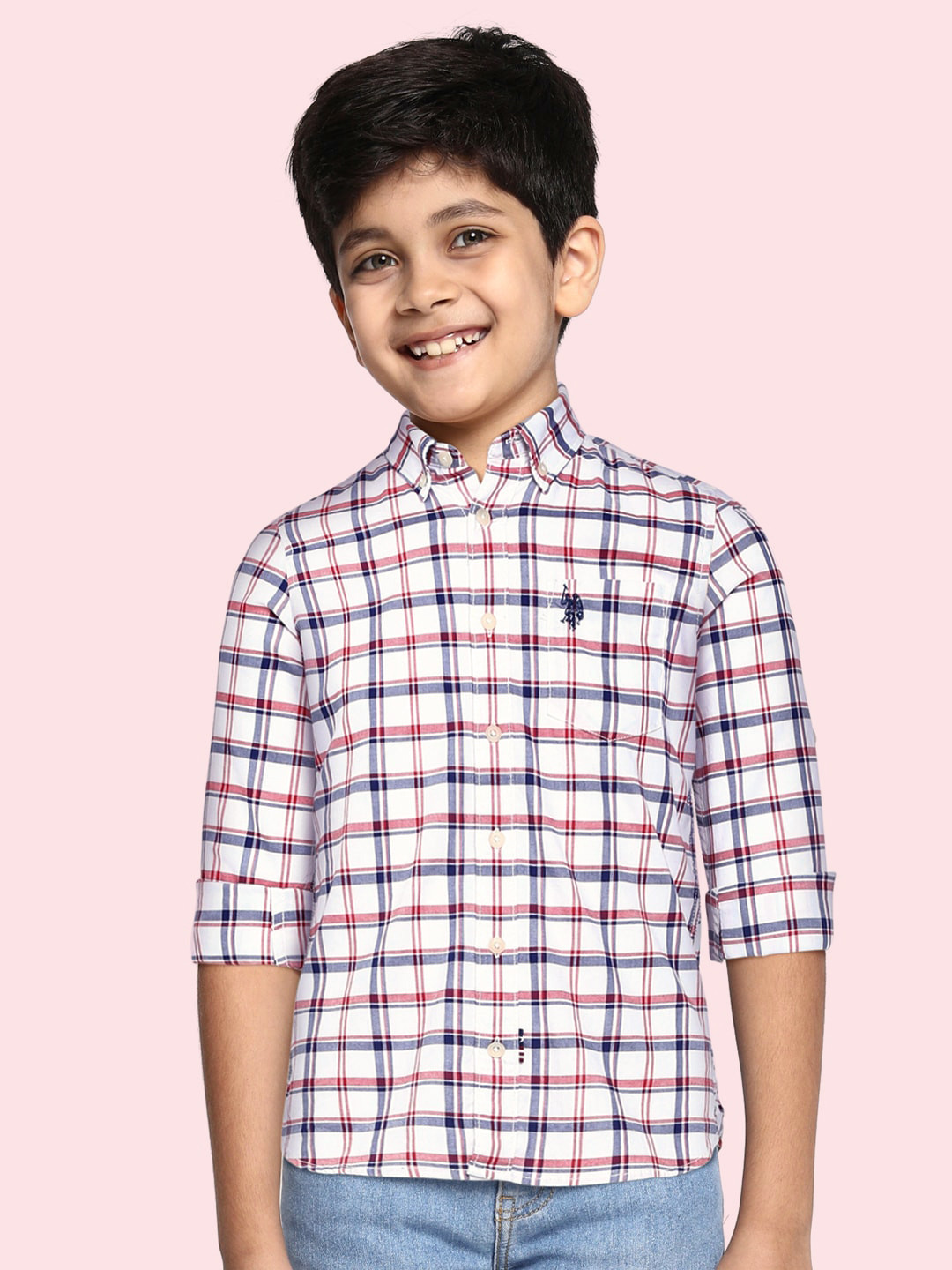 

U.S. Polo Assn. Kids Boys White & Navy Blue Regular Fit Checked Casual Shirt