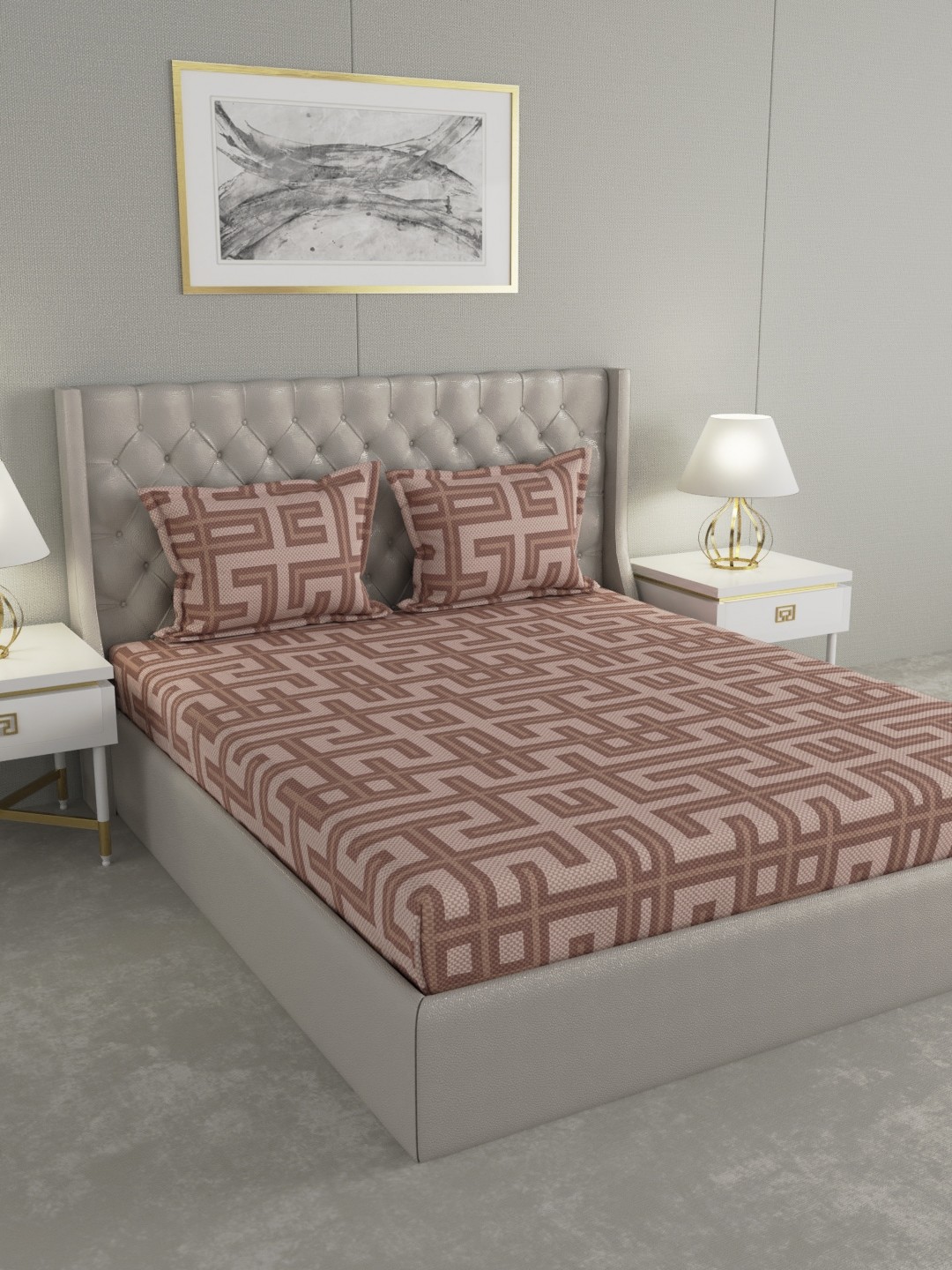 

Raymond Home Brown & Beige Geometric 120 TC Cotton 1 Queen Bedsheet with 2 Pillow Covers