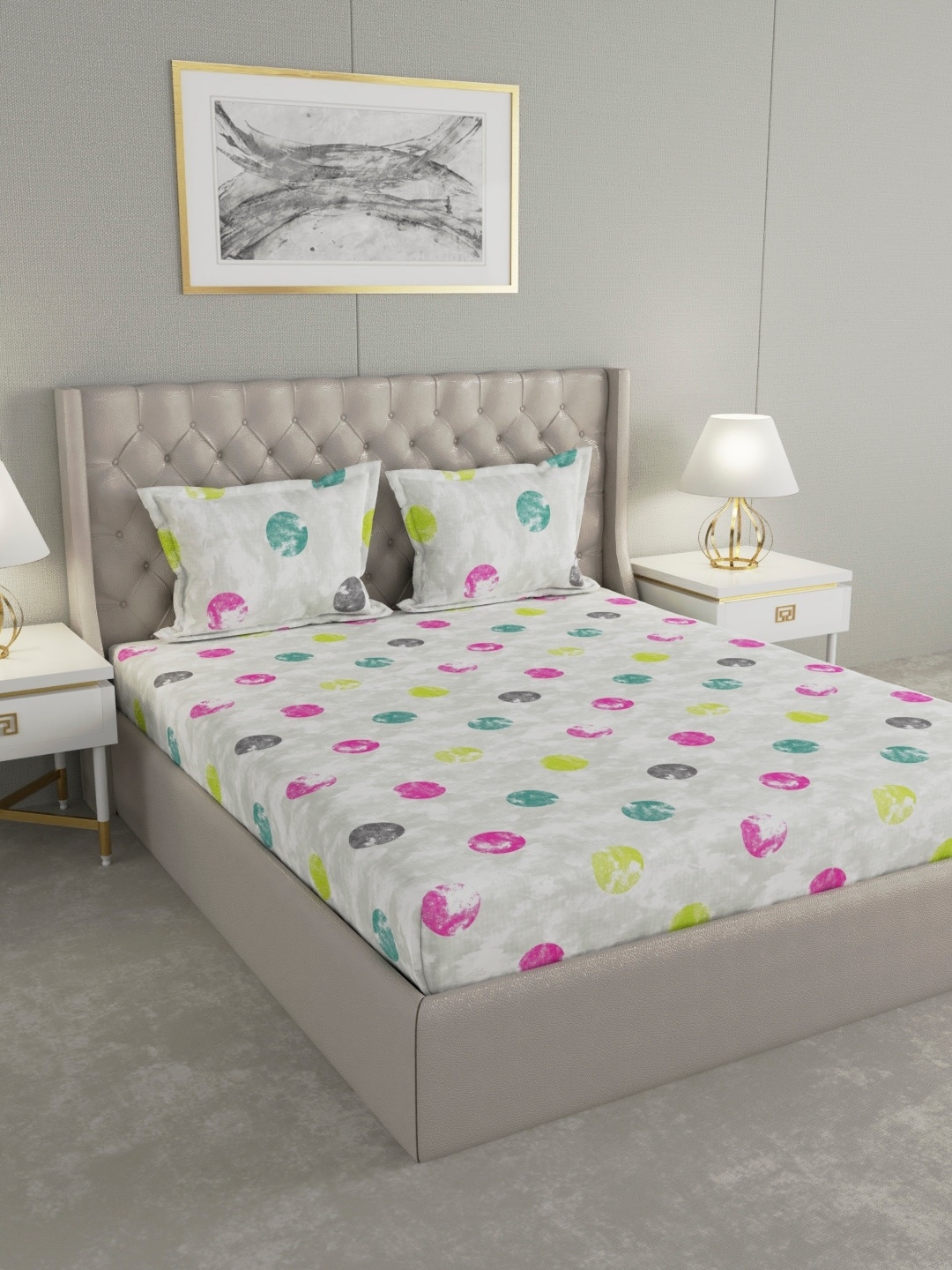 

Raymond Home Grey & Pink Geometric 120 TC Cotton 1 Queen Bedsheet with 2 Pillow Covers