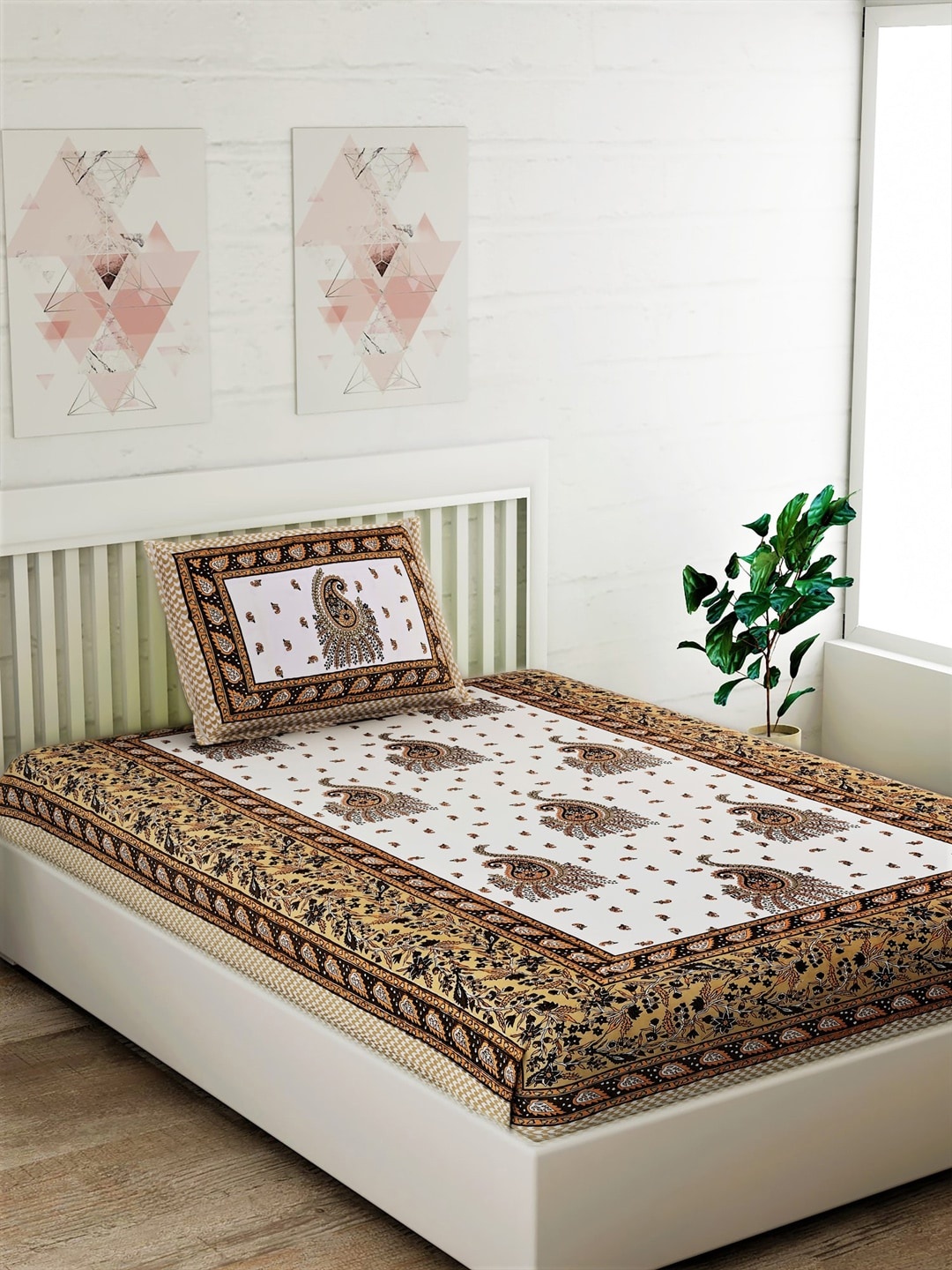 

Salona Bichona Off-White & Brown Ethnic Motifs 120 TC Cotton 1 Single Bedsheet with 1 Pillow Covers