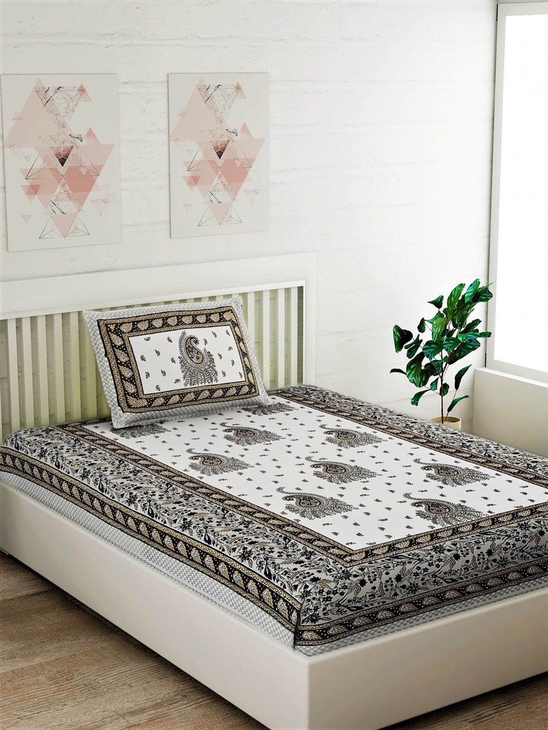 

Salona Bichona Off-White & Grey Ethnic Motifs 120 TC Cotton 1 Single Bedsheet with 1 Pillow Covers