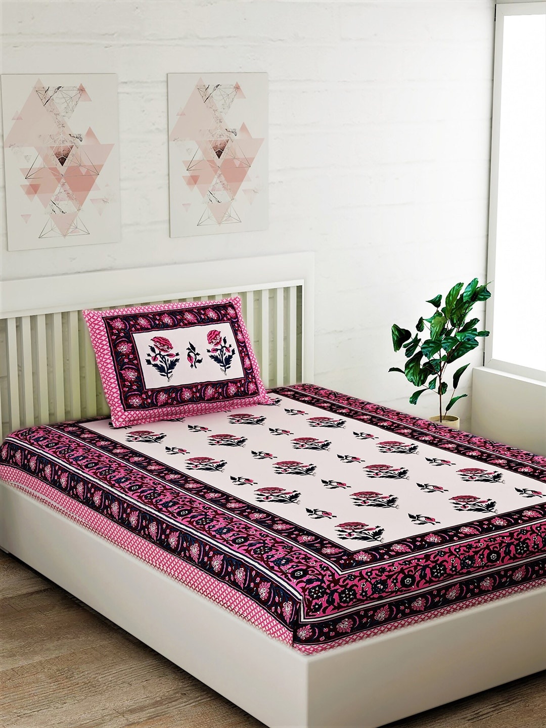 

Salona Bichona White & Pink Ethnic Motifs 120 TC Cotton 1 Single Bedsheet with 1 Pillow Covers