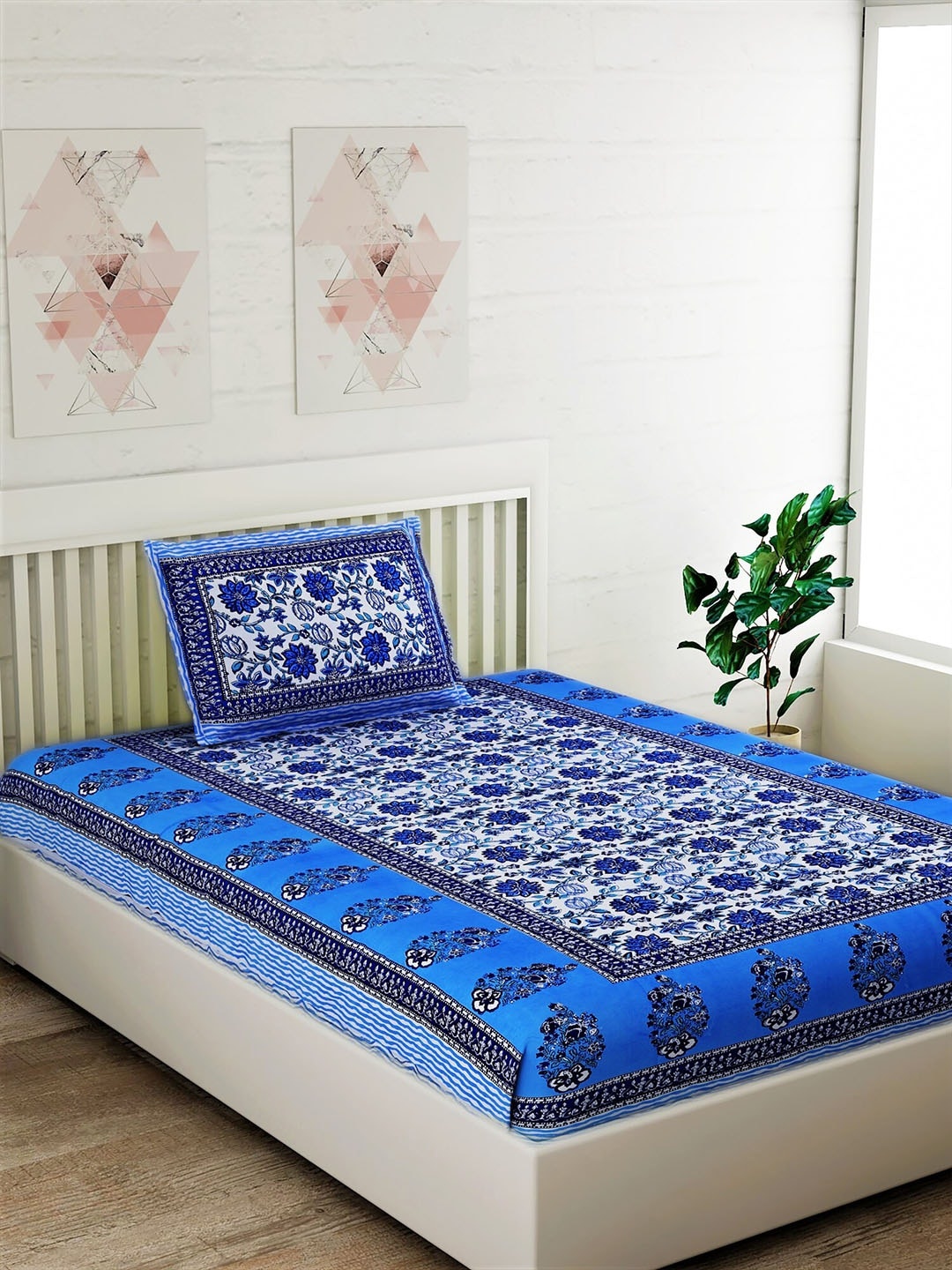 

Salona Bichona Blue & White Floral 120 TC Cotton 1 Single Bedsheet with 1 Pillow Covers