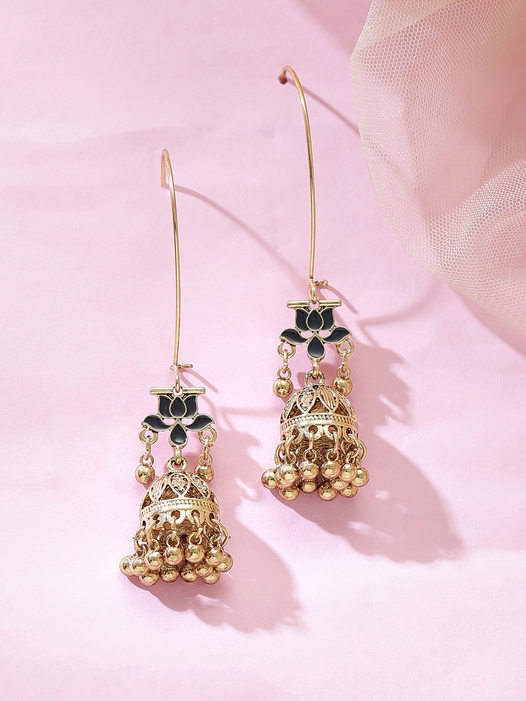 

Rubans Gold-Plated Oxidised Contemporary Lotus Jhumkas