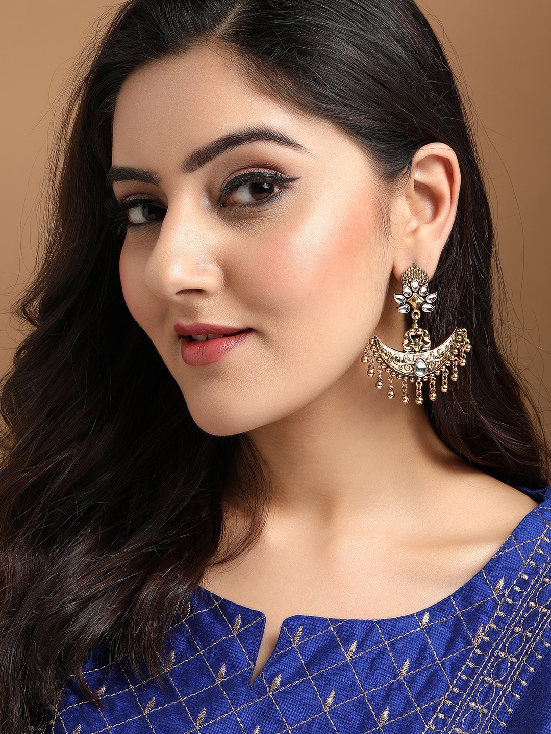 

Rubans Gold-Plated & White Kundan Contemporary Drop Earrings
