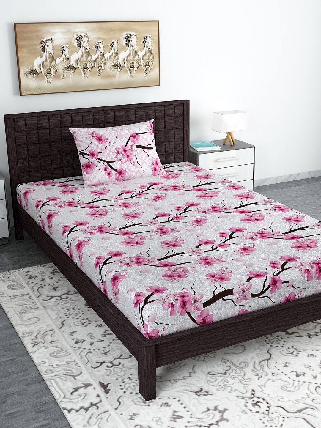 

Divine Casa Pink & White Floral 120 TC Cotton 1 Single Bedsheet with 1 Pillow Covers