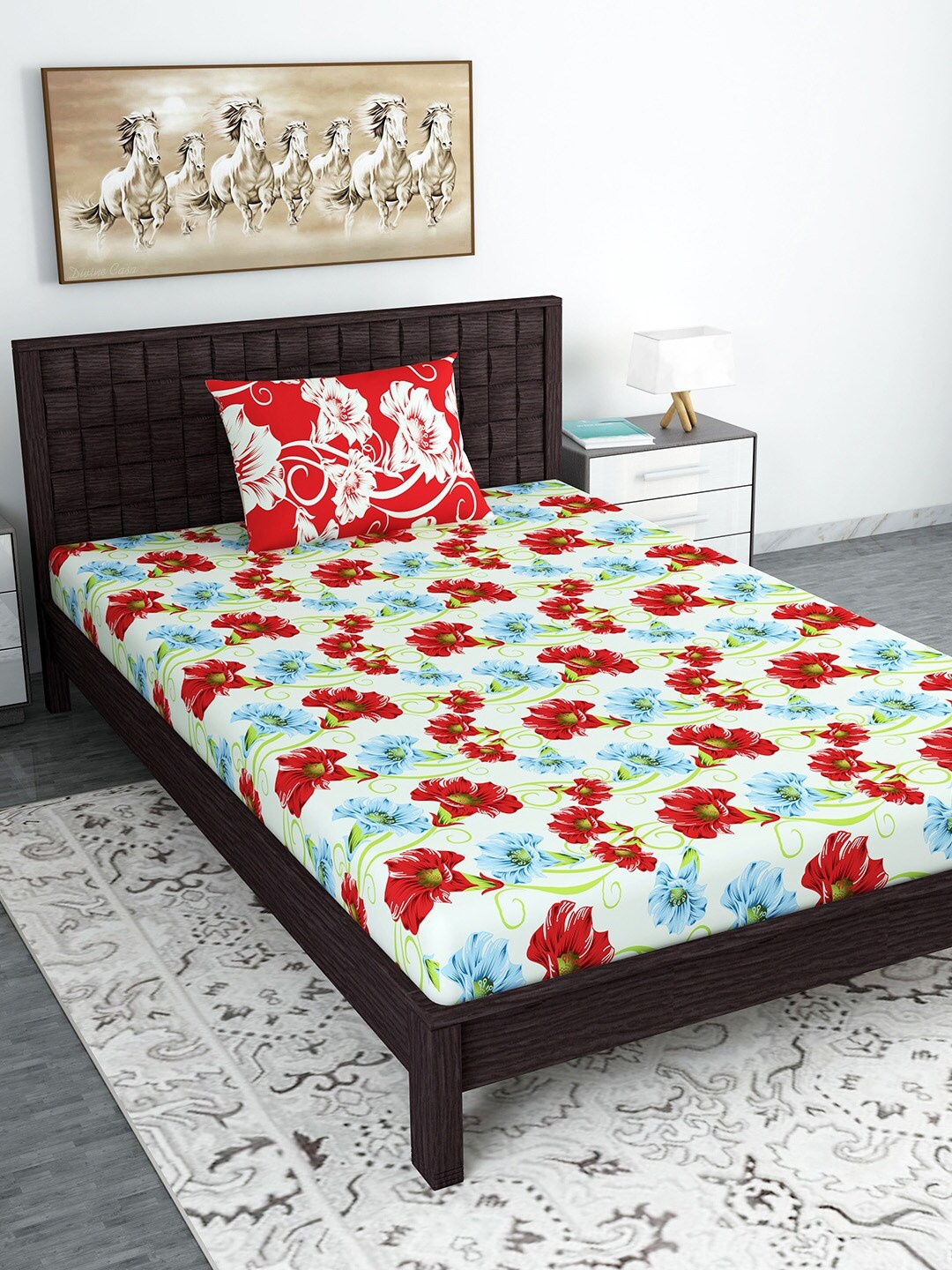 

Divine Casa White & Red Floral 120 TC Single Bedsheet with 1 Pillow Cover