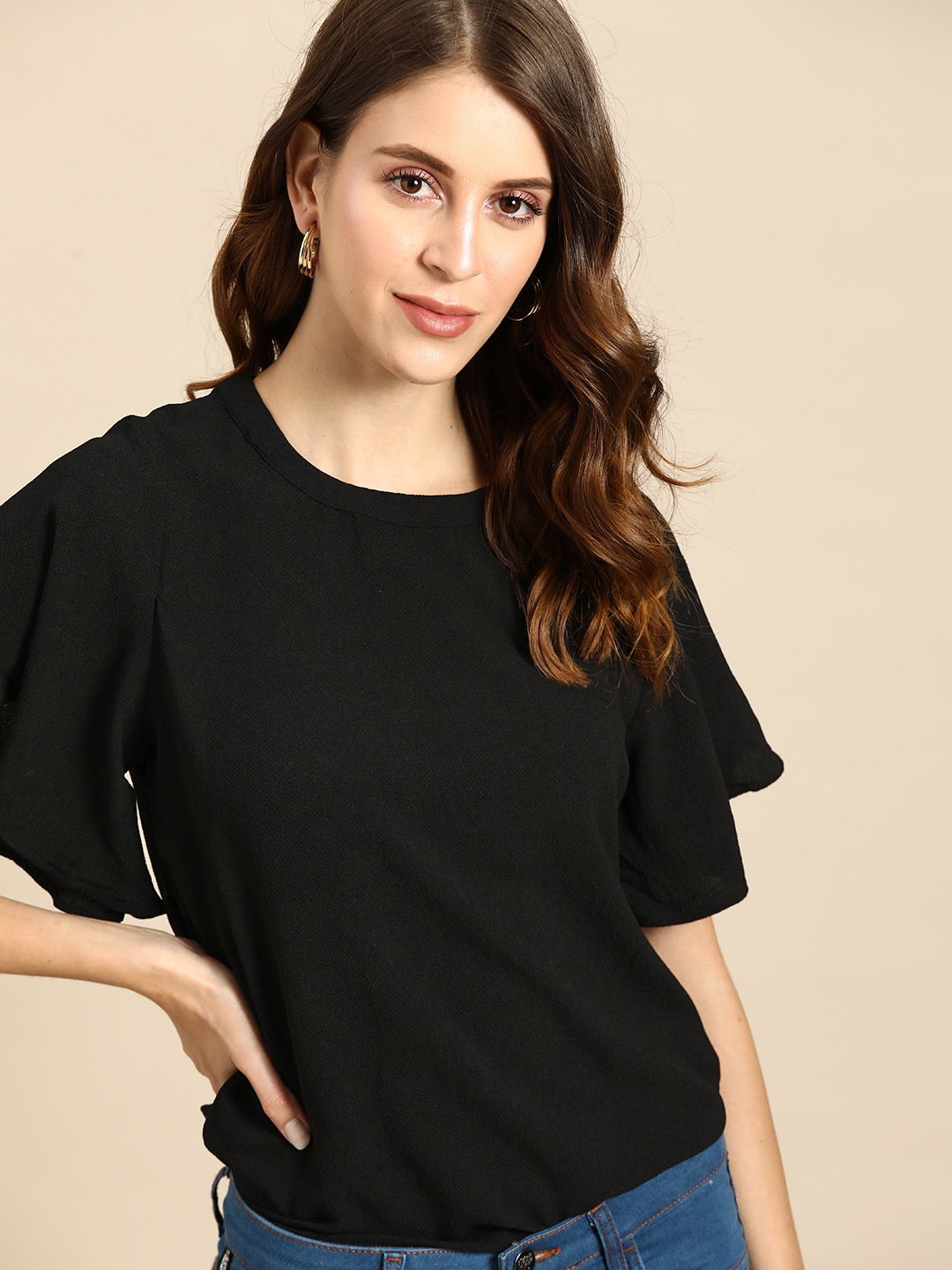 

all about you Black Solid Flared Sleeves Regular Top