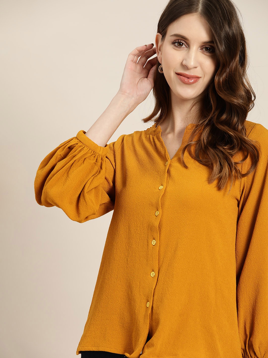 

all about you Mustard Yellow Solid Puff Sleeve Regular Shirt