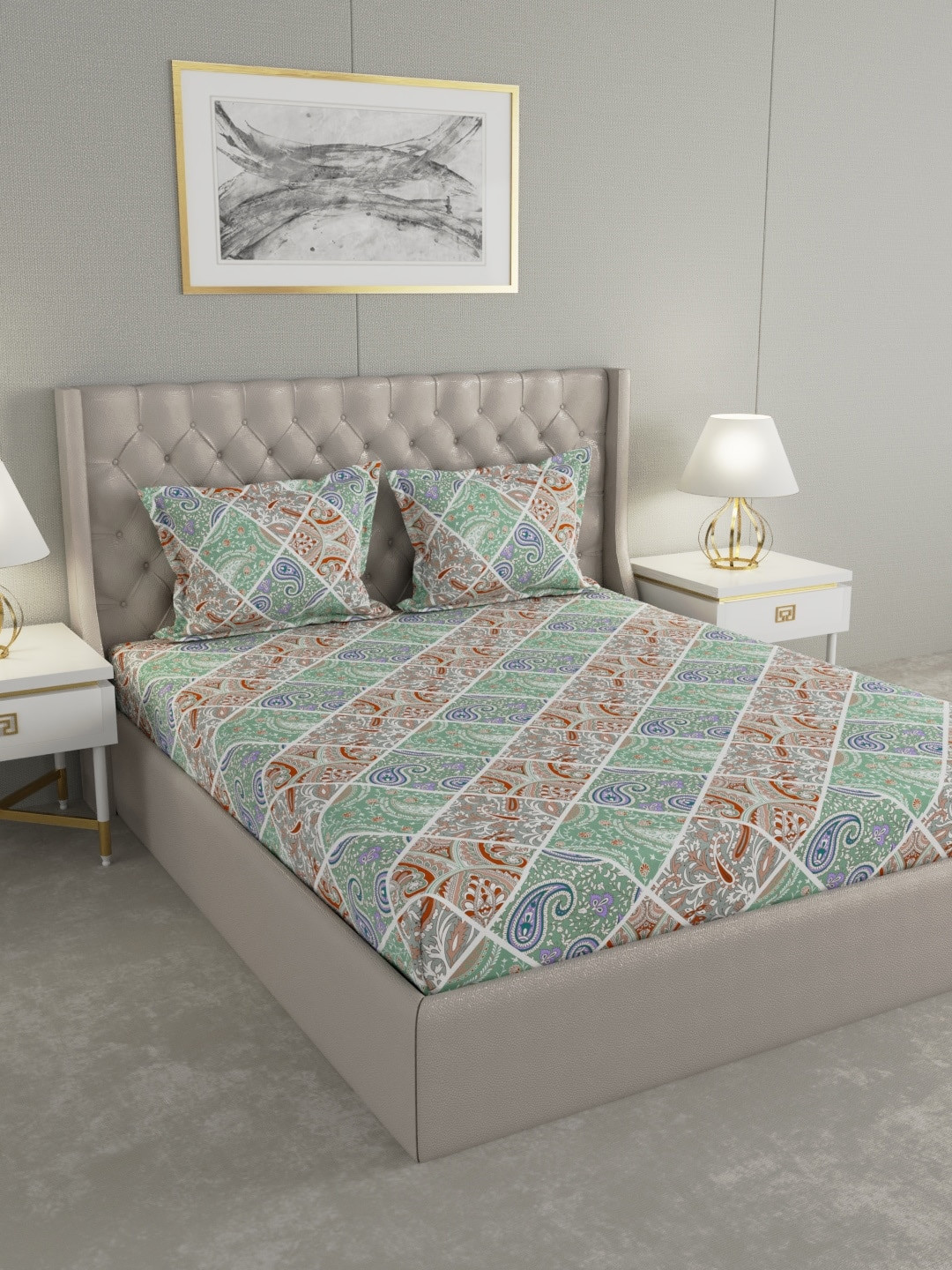 

Raymond Home Green & Brown Ethnic Motifs 120 TC Cotton 1 Queen Bedsheet with 2 Pillow Covers
