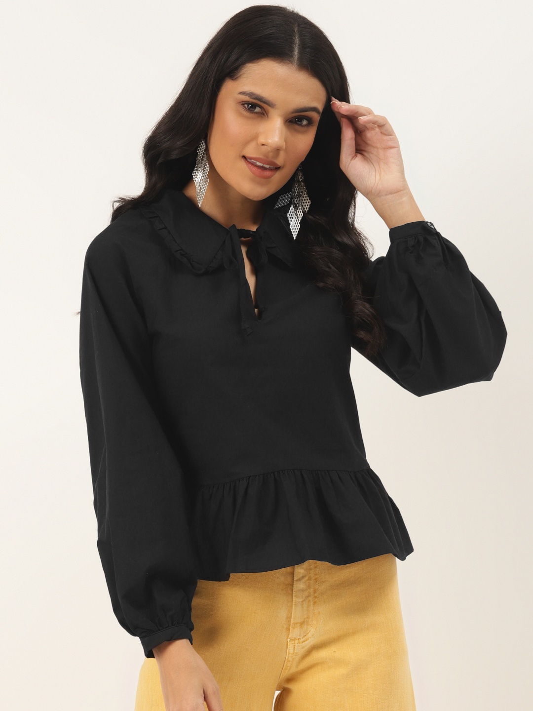 

Trendyol Women Black Pure Cotton Puff Sleeves A-Line Top