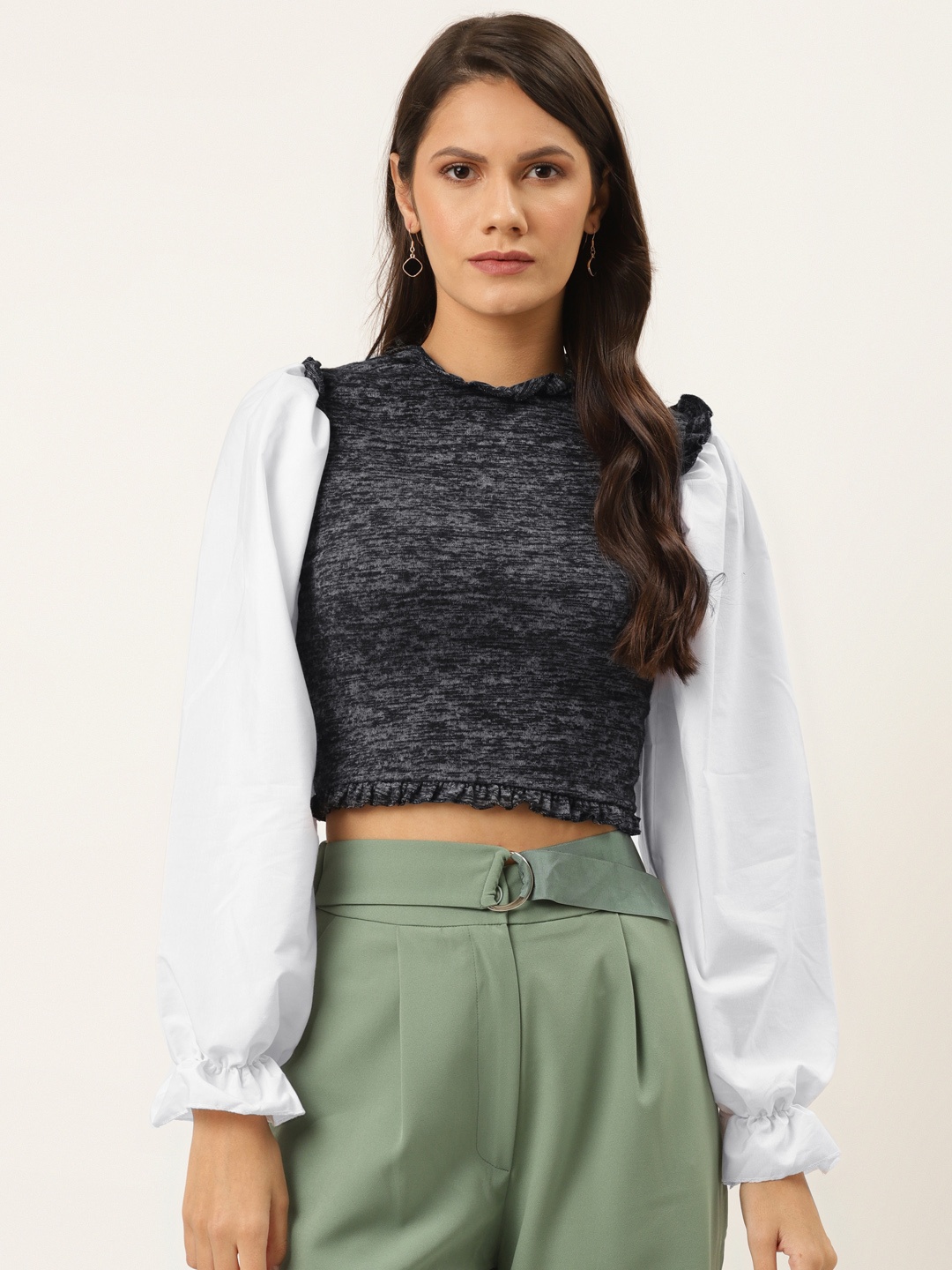 

Trendyol Women Charcoal Grey White Solid Victorian Cropped Fitted Top