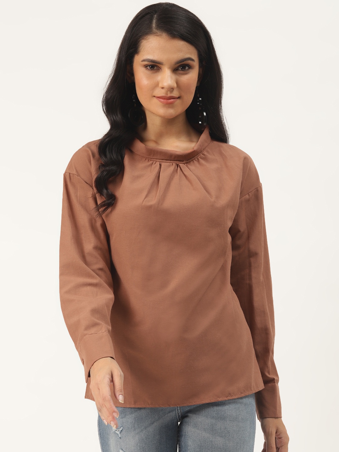 

Trendyol Women Brown Solid Pure Cotton Cuffed Sleeves Top